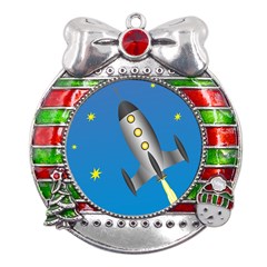 Rocket Spaceship Space Travel Nasa Metal X mas Ribbon With Red Crystal Round Ornament by Ravend