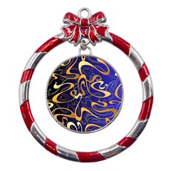 Squiggly Lines Blue Ombre Metal Red Ribbon Round Ornament by Ravend