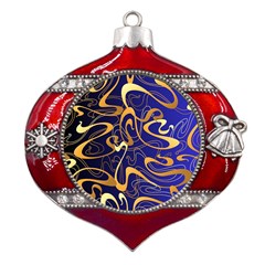 Squiggly Lines Blue Ombre Metal Snowflake And Bell Red Ornament by Ravend