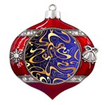 Squiggly Lines Blue Ombre Metal Snowflake And Bell Red Ornament Front