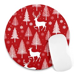 Christmas Tree Deer Pattern Red Round Mousepad by Ravend