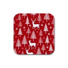 Christmas Tree Deer Pattern Red Rubber Square Coaster (4 pack)