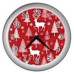 Christmas Tree Deer Pattern Red Wall Clock (Silver)