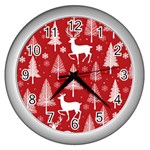 Christmas Tree Deer Pattern Red Wall Clock (Silver) Front