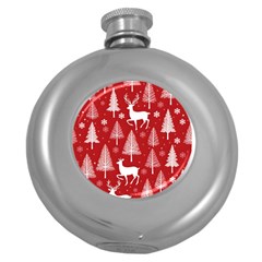 Christmas Tree Deer Pattern Red Round Hip Flask (5 Oz) by Ravend