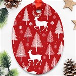 Christmas Tree Deer Pattern Red Oval Ornament (Two Sides) Front