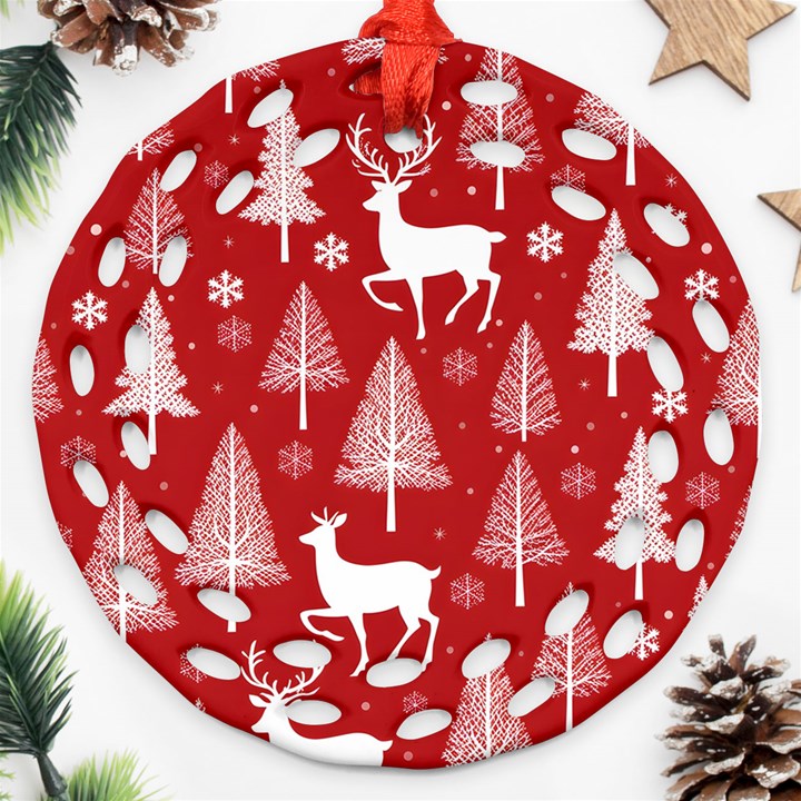 Christmas Tree Deer Pattern Red Ornament (Round Filigree)