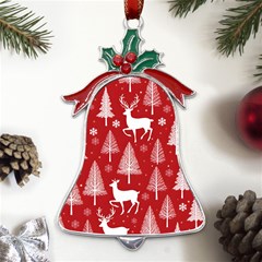 Christmas Tree Deer Pattern Red Metal Holly Leaf Bell Ornament