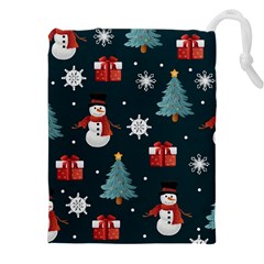 Snowmen Christmas Trees Drawstring Pouch (4xl) by Ravend