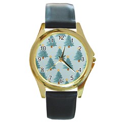 Christmas Trees Time Round Gold Metal Watch