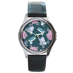 Butterfly Pattern Dead Death Rose Round Metal Watch by Ravend