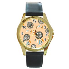 Dreamcatcher Pattern Pen Background Round Gold Metal Watch