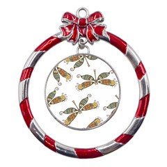 Pattern Dragonfly Background Metal Red Ribbon Round Ornament