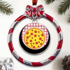 Pizza Table Pepperoni Sausage Metal Red Ribbon Round Ornament by Ravend