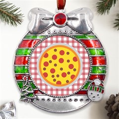 Pizza Table Pepperoni Sausage Metal X mas Ribbon With Red Crystal Round Ornament by Ravend