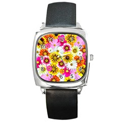 Flowers Blossom Bloom Nature Plant Square Metal Watch by Amaryn4rt