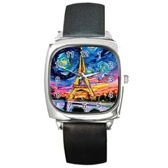 Eiffel Tower Starry Night Print Van Gogh Square Metal Watch by Modalart