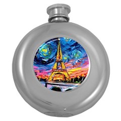 Eiffel Tower Starry Night Print Van Gogh Round Hip Flask (5 Oz) by Modalart