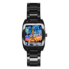 Eiffel Tower Starry Night Print Van Gogh Stainless Steel Barrel Watch by Modalart