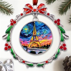 Eiffel Tower Starry Night Print Van Gogh Metal X mas Wreath Ribbon Ornament by Modalart