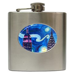 Starry Night In New York Van Gogh Manhattan Chrysler Building And Empire State Building Hip Flask (6 Oz) by Modalart