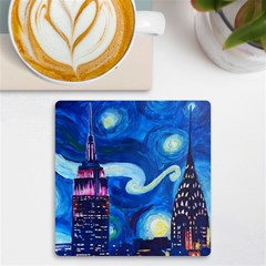 Starry Night In New York Van Gogh Manhattan Chrysler Building And Empire State Building Uv Print Square Tile Coaster  by Modalart