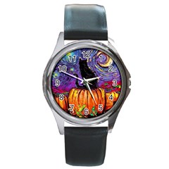 Halloween Art Starry Night Hallows Eve Black Cat Pumpkin Round Metal Watch by Modalart