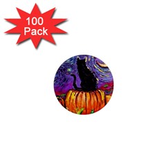 Halloween Art Starry Night Hallows Eve Black Cat Pumpkin 1  Mini Magnets (100 Pack)  by Modalart