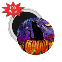 Halloween Art Starry Night Hallows Eve Black Cat Pumpkin 2 25  Magnets (100 Pack)  by Modalart