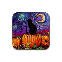 Halloween Art Starry Night Hallows Eve Black Cat Pumpkin Rubber Coaster (square) by Modalart