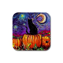 Halloween Art Starry Night Hallows Eve Black Cat Pumpkin Rubber Square Coaster (4 Pack) by Modalart