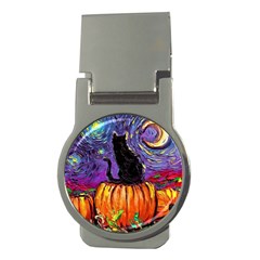 Halloween Art Starry Night Hallows Eve Black Cat Pumpkin Money Clips (round)  by Modalart