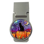 Halloween Art Starry Night Hallows Eve Black Cat Pumpkin Money Clips (Round)  Front