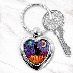 Halloween Art Starry Night Hallows Eve Black Cat Pumpkin Key Chain (heart) by Modalart