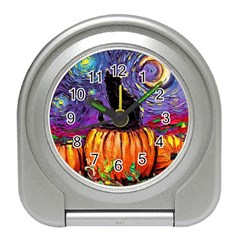 Halloween Art Starry Night Hallows Eve Black Cat Pumpkin Travel Alarm Clock by Modalart