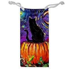 Halloween Art Starry Night Hallows Eve Black Cat Pumpkin Jewelry Bag by Modalart