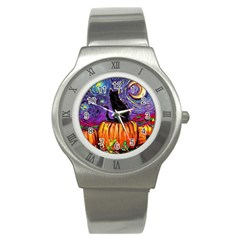 Halloween Art Starry Night Hallows Eve Black Cat Pumpkin Stainless Steel Watch by Modalart