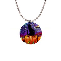 Halloween Art Starry Night Hallows Eve Black Cat Pumpkin 1  Button Necklace by Modalart