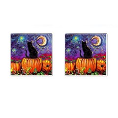 Halloween Art Starry Night Hallows Eve Black Cat Pumpkin Cufflinks (square) by Modalart