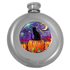 Halloween Art Starry Night Hallows Eve Black Cat Pumpkin Round Hip Flask (5 Oz) by Modalart