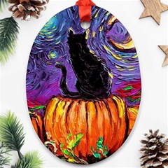 Halloween Art Starry Night Hallows Eve Black Cat Pumpkin Oval Ornament (two Sides) by Modalart