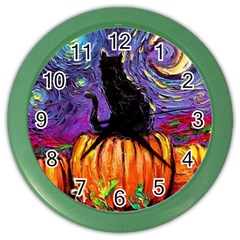 Halloween Art Starry Night Hallows Eve Black Cat Pumpkin Color Wall Clock by Modalart