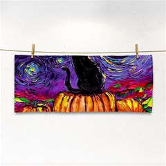 Halloween Art Starry Night Hallows Eve Black Cat Pumpkin Hand Towel by Modalart