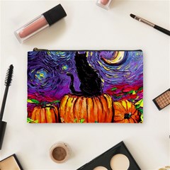 Halloween Art Starry Night Hallows Eve Black Cat Pumpkin Cosmetic Bag (medium) by Modalart