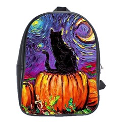 Halloween Art Starry Night Hallows Eve Black Cat Pumpkin School Bag (large) by Modalart