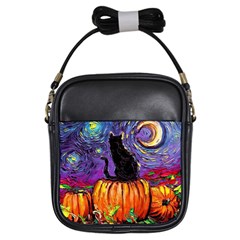 Halloween Art Starry Night Hallows Eve Black Cat Pumpkin Girls Sling Bag by Modalart