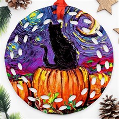 Halloween Art Starry Night Hallows Eve Black Cat Pumpkin Ornament (round Filigree) by Modalart