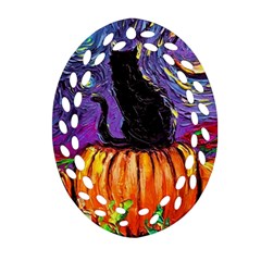 Halloween Art Starry Night Hallows Eve Black Cat Pumpkin Oval Filigree Ornament (two Sides) by Modalart