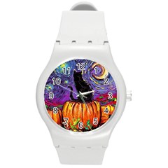 Halloween Art Starry Night Hallows Eve Black Cat Pumpkin Round Plastic Sport Watch (m) by Modalart