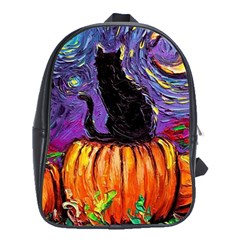 Halloween Art Starry Night Hallows Eve Black Cat Pumpkin School Bag (xl) by Modalart